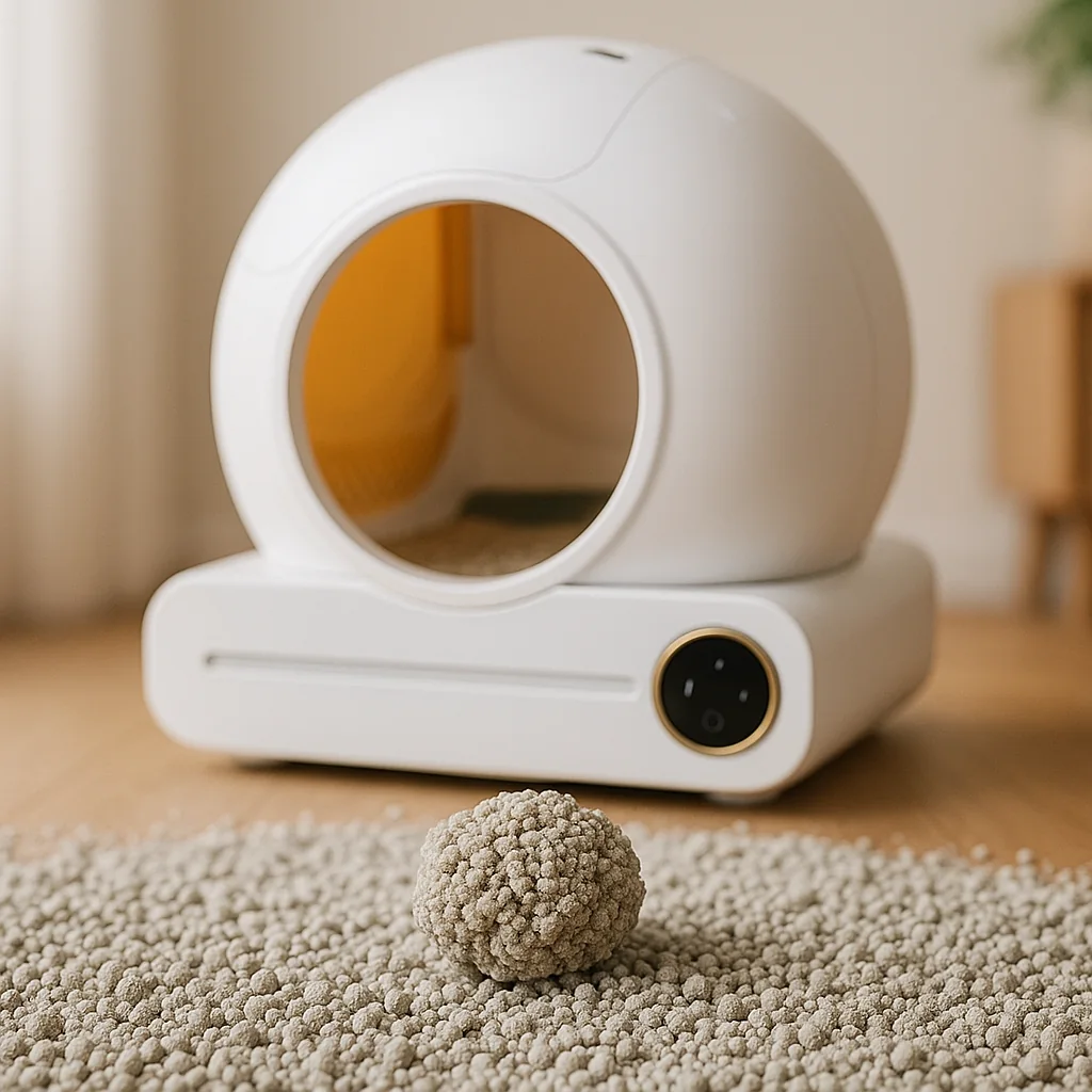 Macro di lettiera minerale agglomerante pulita, con al centro un grumo compatto nettamente più grande dei granelli sciolti intorno