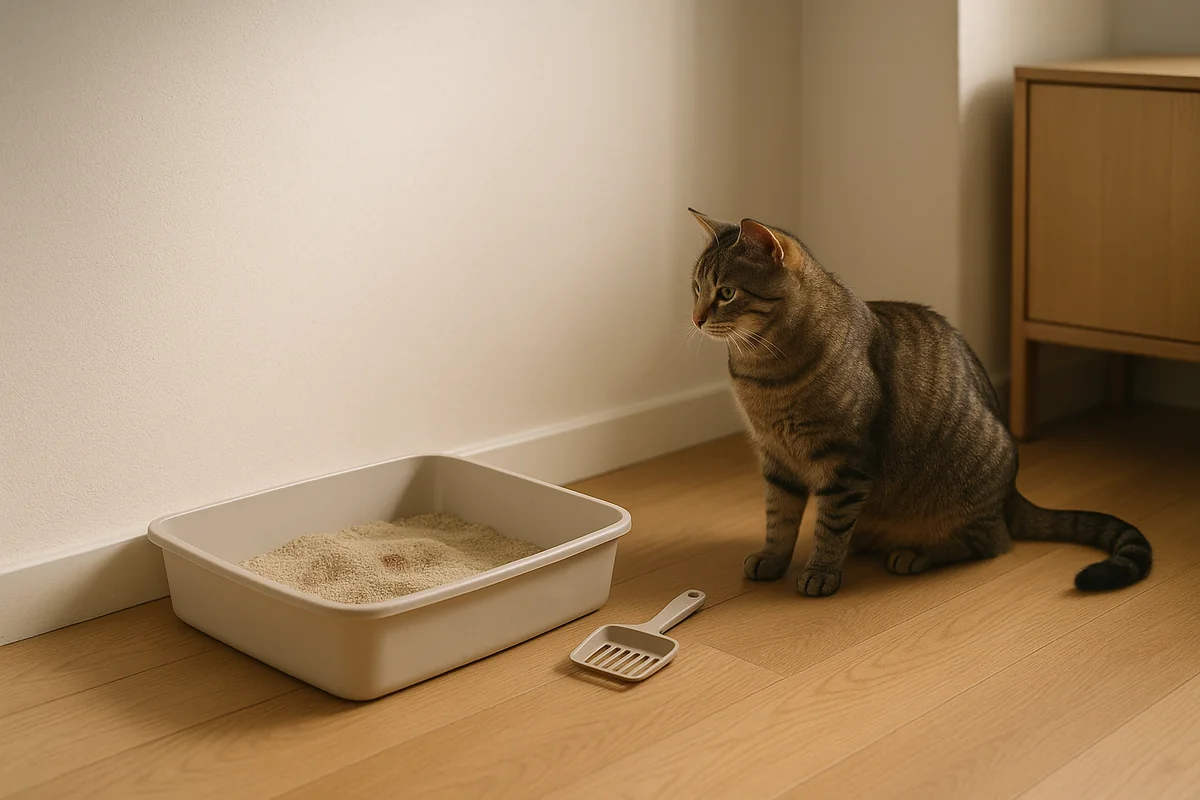 Una cassetta classica aperta appoggiata in un angolo della stanza, una paletta accanto, e un gatto tigrato seduto a distanza che la guarda senza entrarci