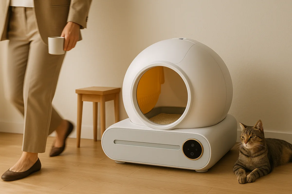 La mattina in un appartamento luminoso, una persona passa davanti alla lettiera autopulente con una tazza in mano, senza fermarsi, un gatto tranquillo accanto