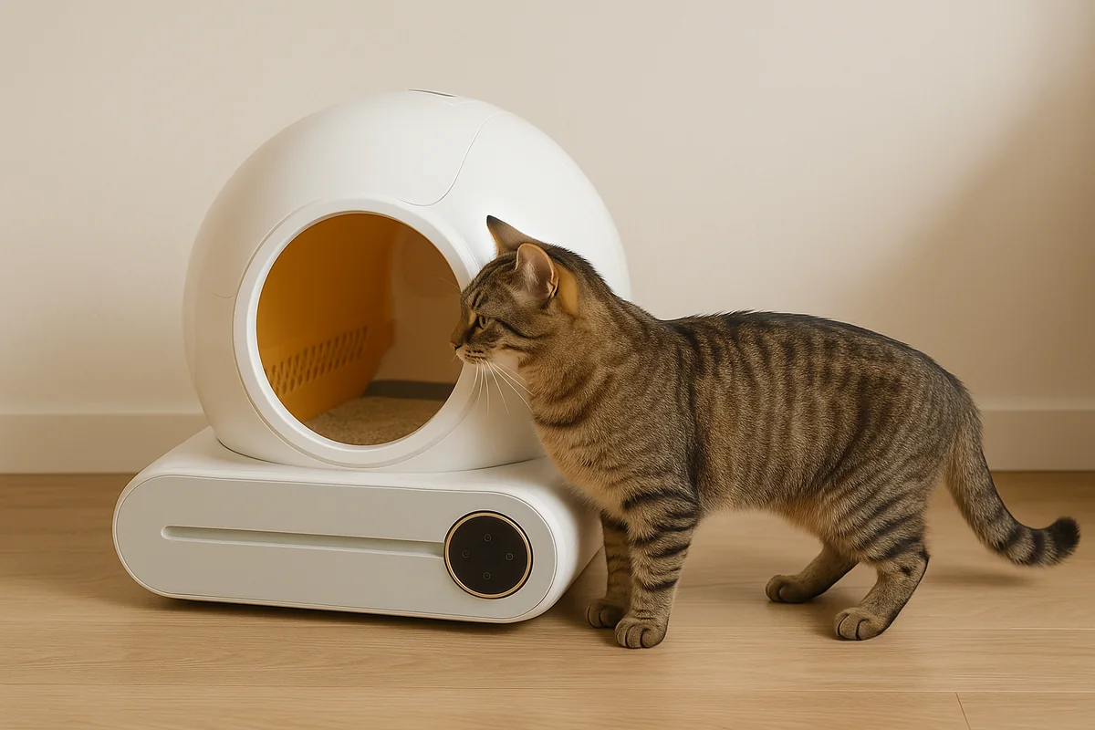 Un gatto adulto in piedi di profilo davanti all’apertura della lettiera, pronto a entrare, che permette di confrontare la sua stazza con il diametro del passaggio