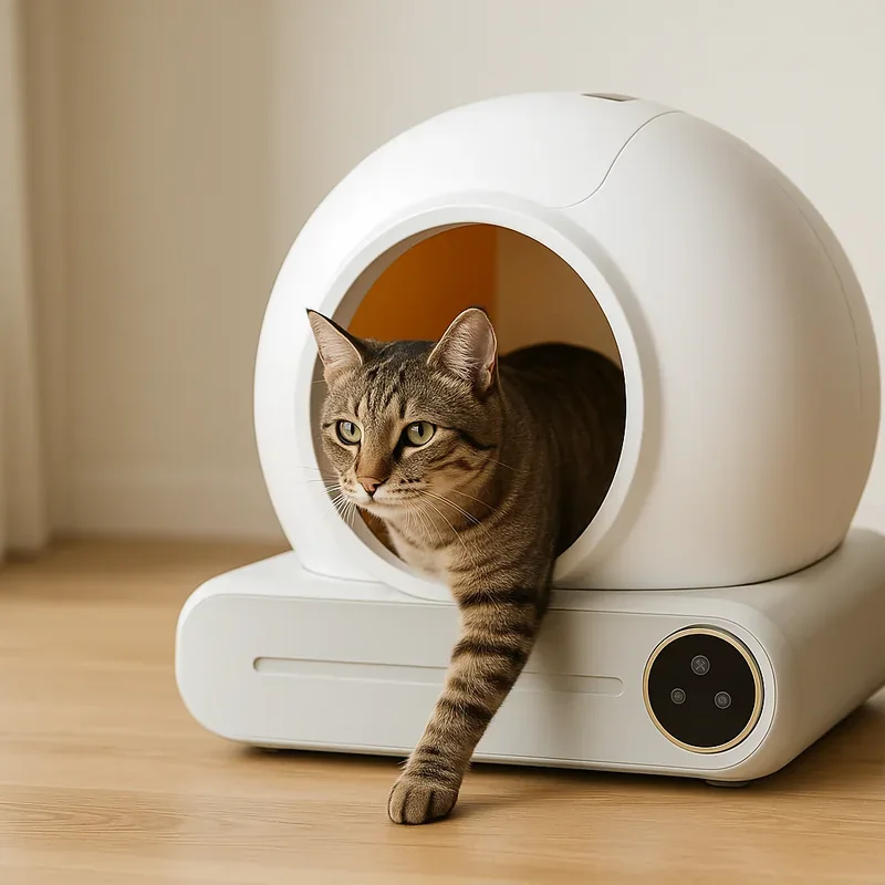 Un gatto tigrato esce dalla lettiera autopulente Fusaria, una zampa anteriore appoggiata sul parquet