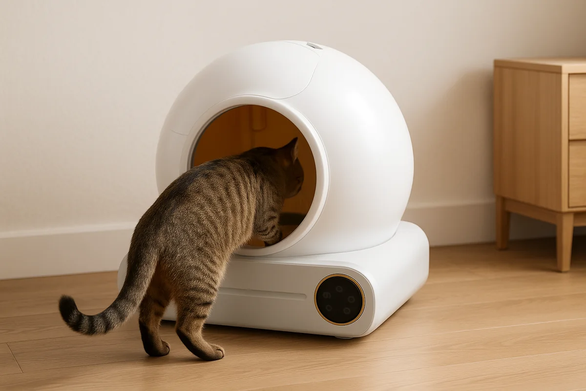 Un gatto tigrato entra nell’apertura della lettiera, le zampe che portano il suo peso sulla base, l’apparecchio appoggiato su un pavimento rigido e piano