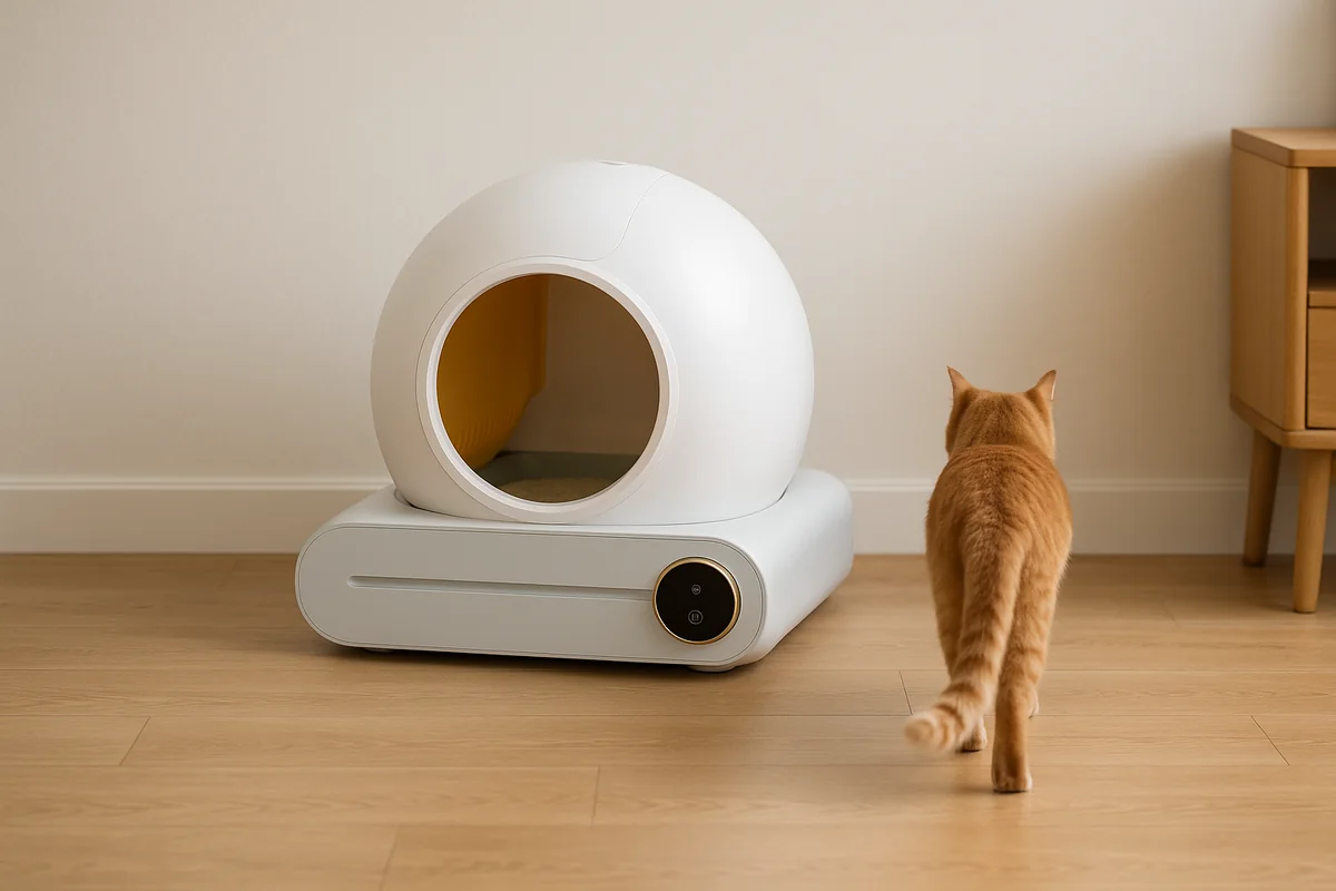 Un gatto rosso si allontana dalla lettiera autopulente, di spalle, a diversi passi; l’apparecchio resta fermo