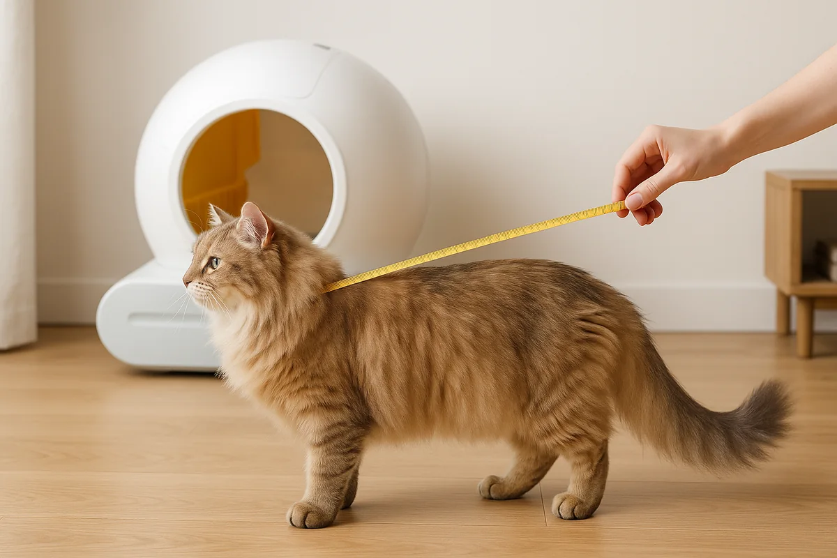 Un gatto a pelo lungo in piedi di profilo su un parquet, misurato lungo il corpo con un metro a nastro morbido tenuto in mano