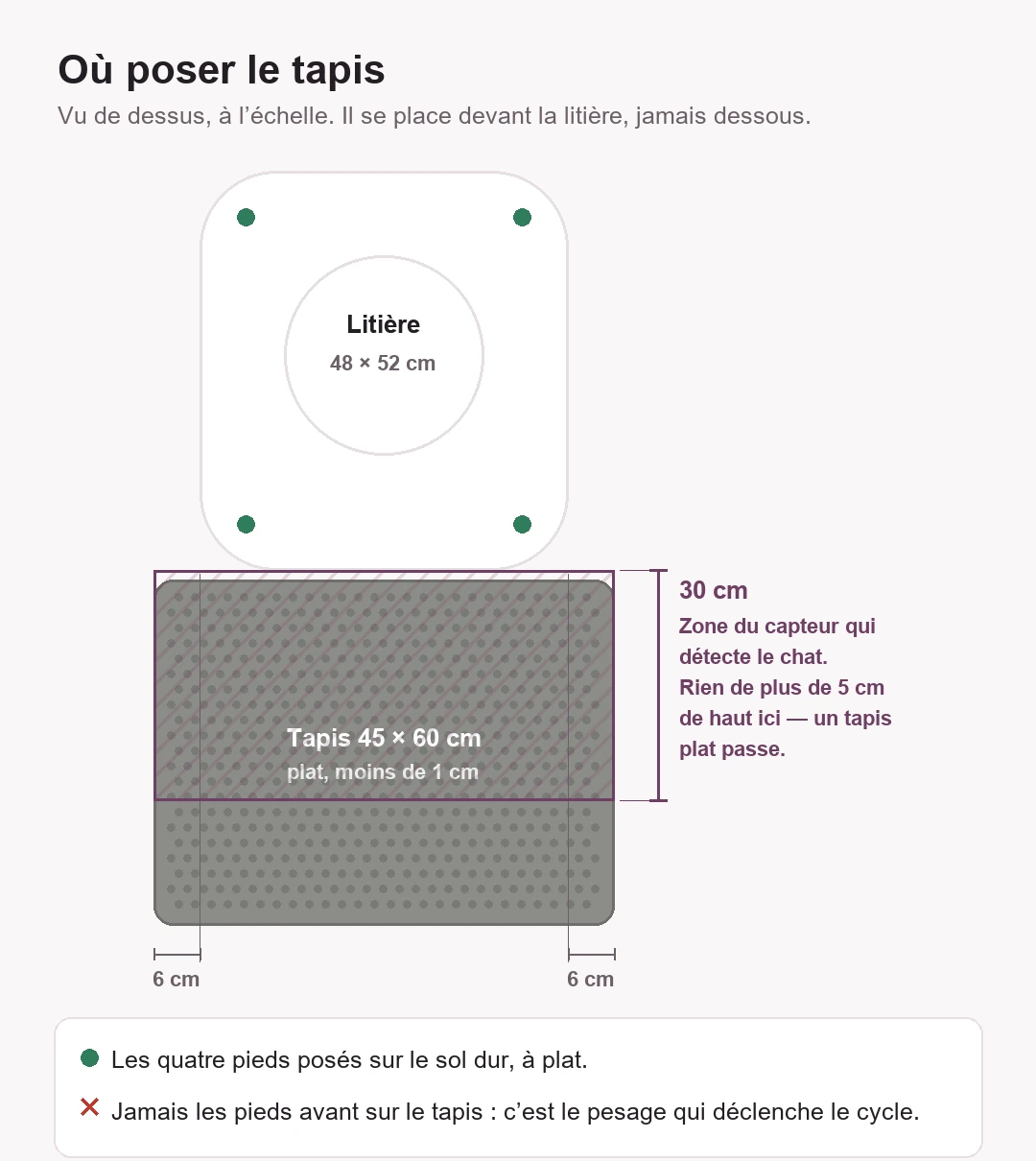 Schema quotato visto dall’alto: la lettiera, la zona di 30 cm da tenere libera davanti, e il tappetino messo davanti