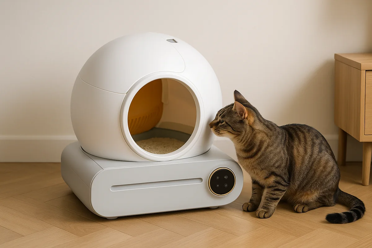 Un gatto tigrato torna davanti all’apertura e avvicina il muso, con le quattro zampe sul parquet, l’apparecchio fermo