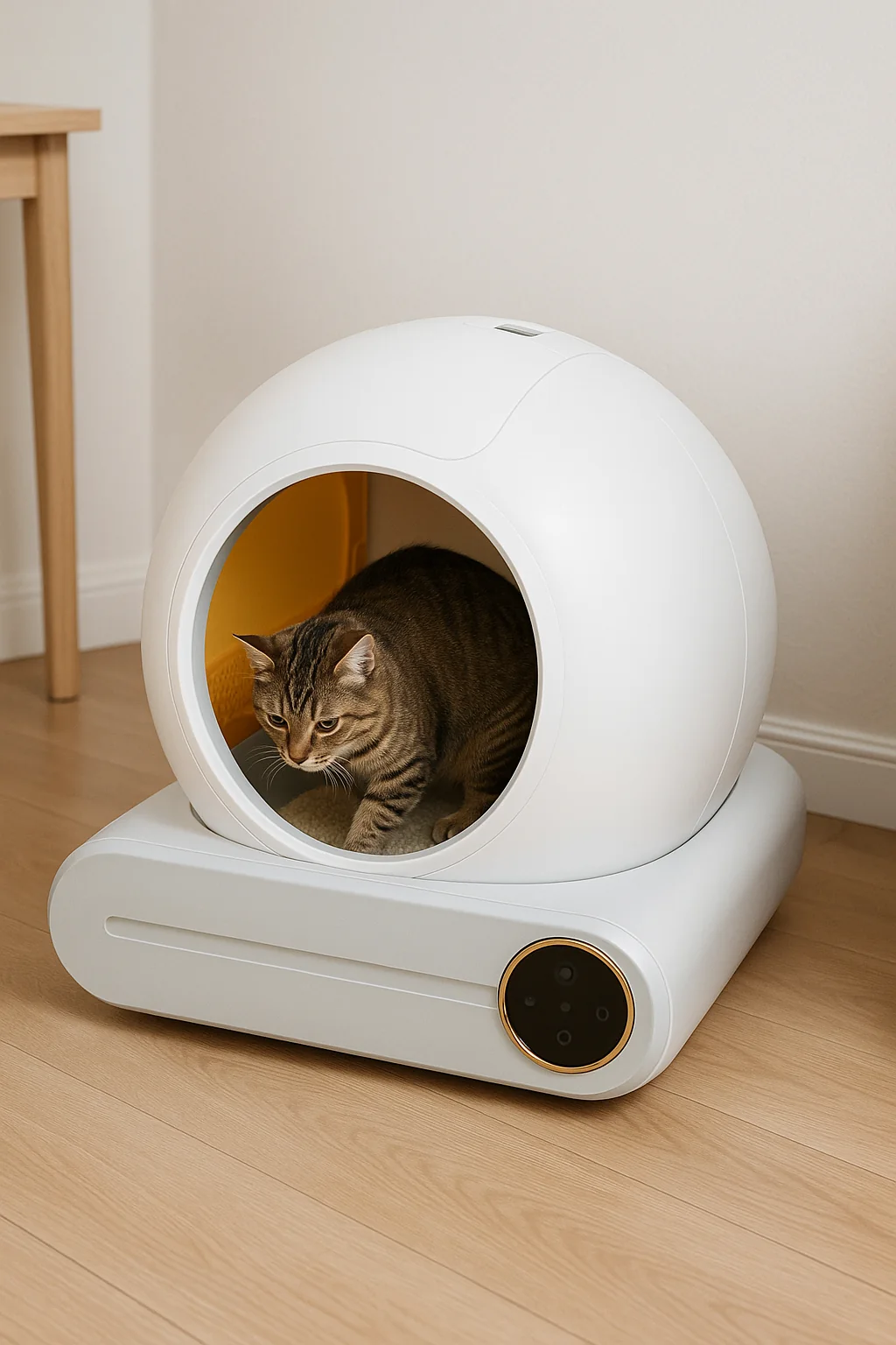 Visto dall’apertura, un gatto adulto all’interno del cestello gira il corpo per posizionarsi nella sabbia
