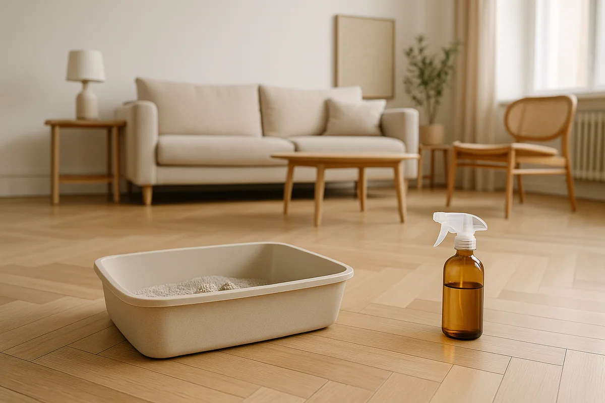 Una cassetta classica in cui sono ancora presenti dei grumi, con un flacone spray senza etichetta appoggiato a terra accanto