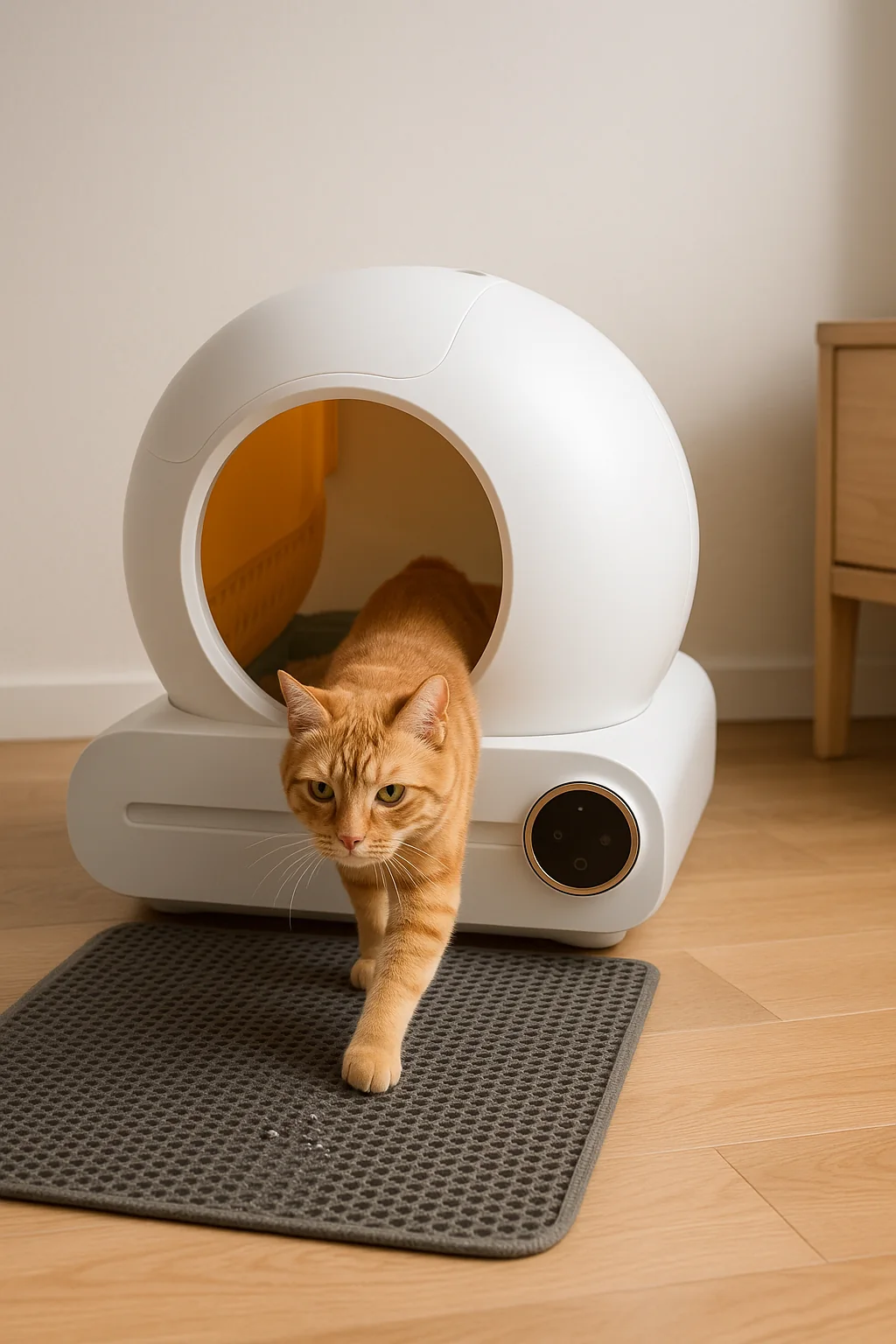 Un gatto rosso esce dalla lettiera e cammina su un tappetino grigio messo davanti; alcuni granelli caduti dai suoi cuscinetti restano sul tappetino, e i piedi della macchina restano sul parquet