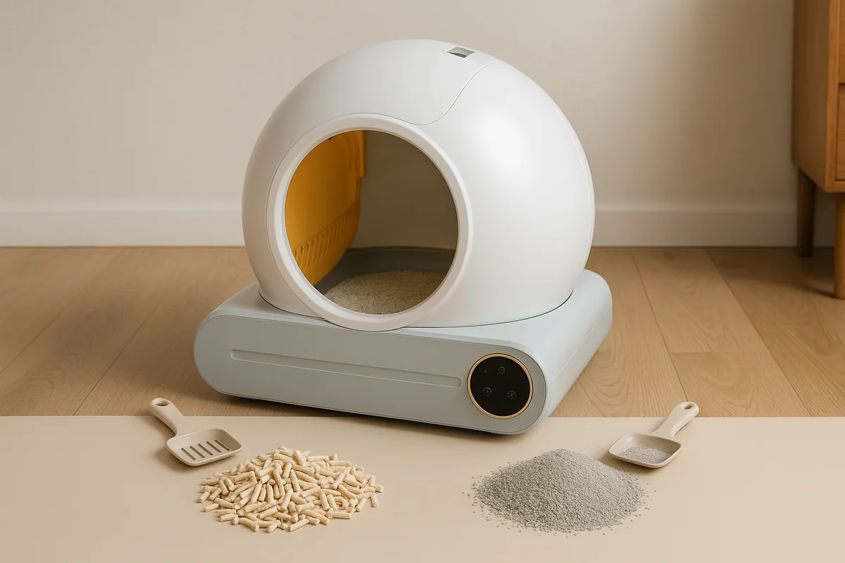 Vista dall’alto di due mucchietti separati su una superficie beige: a sinistra granuli di lettiera di tofu chiari e cilindrici, a destra una lettiera minerale grigia e fine, con una paletta accanto a ciascuno