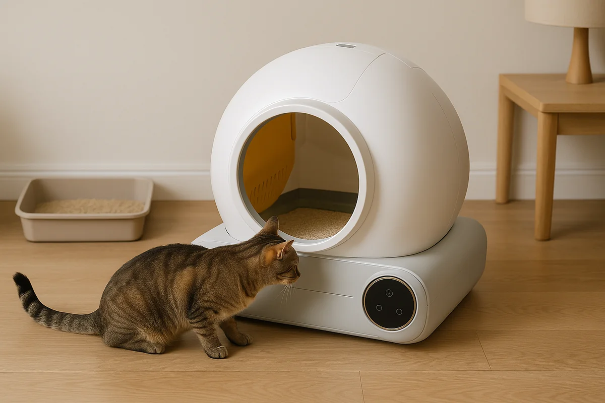 Un gatto esplora la lettiera autopulente appena installata in salotto, mentre la sua vecchia cassetta classica resta accessibile qualche metro più in là