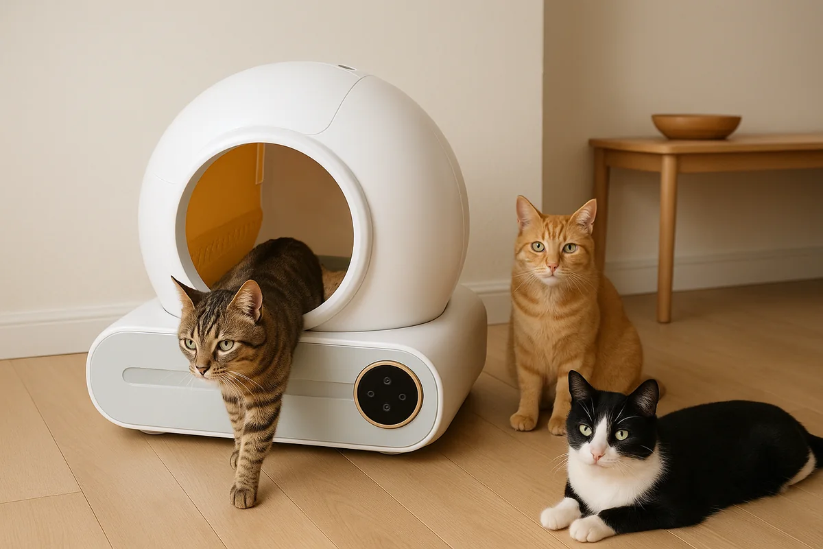 Tre gatti diversi nello stesso salotto: uno esce dalla lettiera autopulente, un rosso è seduto più in là, un bianco e nero è sdraiato in disparte